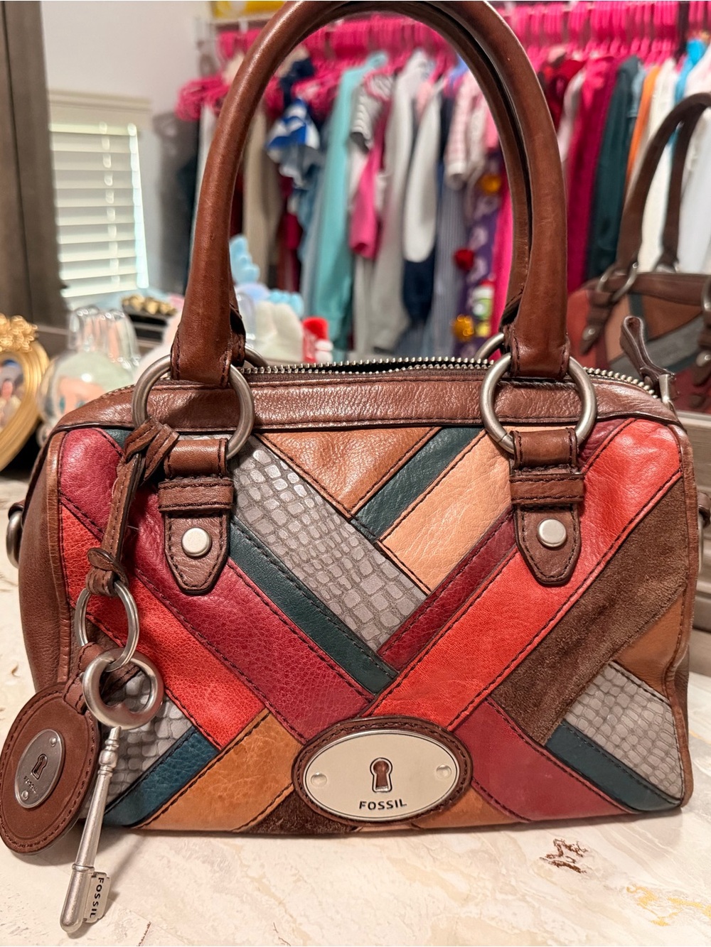 Fossil Patchwork Leather Satchel - Brown, Red, Teal, Tan